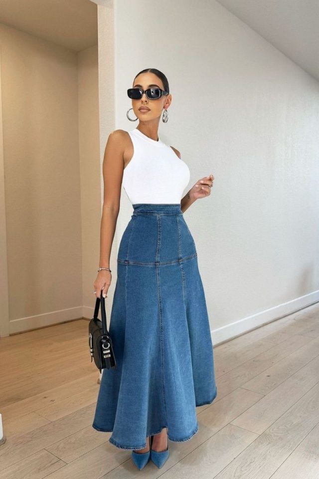 Discover stylish denim maxi skirt outfit ideas perfect for brunch, exploring, casual outings, and more. Get tips on how to balance your silhouette, choose the right footwear, and accessorize to elevate your look. Denim Maxi Skirts, Denim Maxi Skirt Outfit, Summer Outfit, Outfit Ideas, Denim Skirt Outfit Summer, Denim Skirt Outfit Ideas, Denim Skirt Outfit Winter, Denim Skirt Styling, Denim Skirts Long, Skirts Outfits, Style, Denim Skirt Longer, Denim Skirts Outfits Ideas, Skirt Outfit Aesthetic